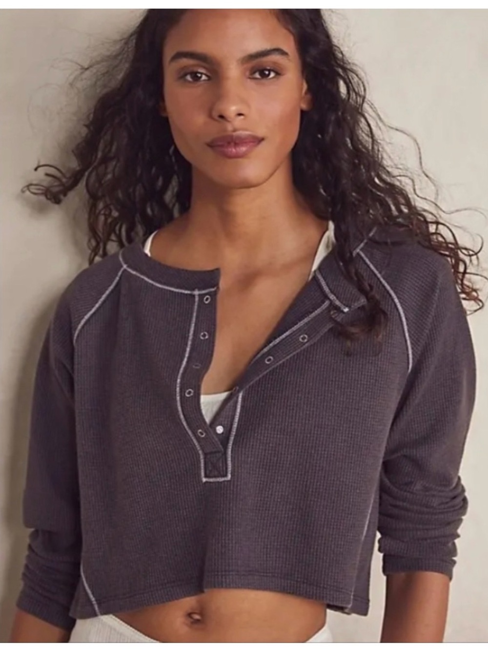 Free People Intimately Cropped Waffle Henley in Charcoal Black thermal